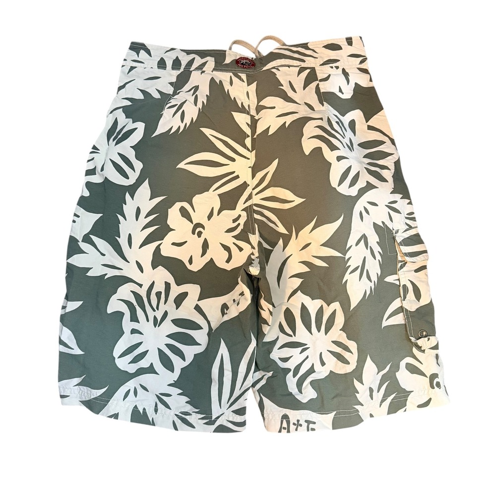 Abercrombie & Fitch Mens 36 Board Shorts Green White Floral Hibiscus Cargo Swim